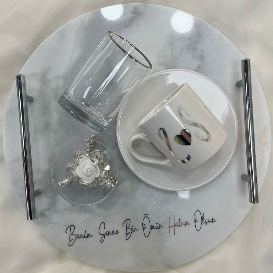Silver Detaylı Yuvarlak Mermer Tepsi (İsim Baskılı)