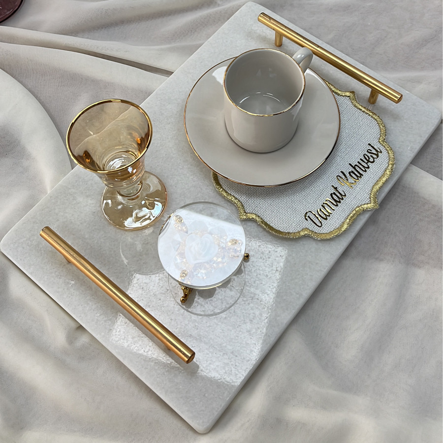 Gold Detaylı Dikdörtgen Mermer Tepsi (İsim Baskılı)