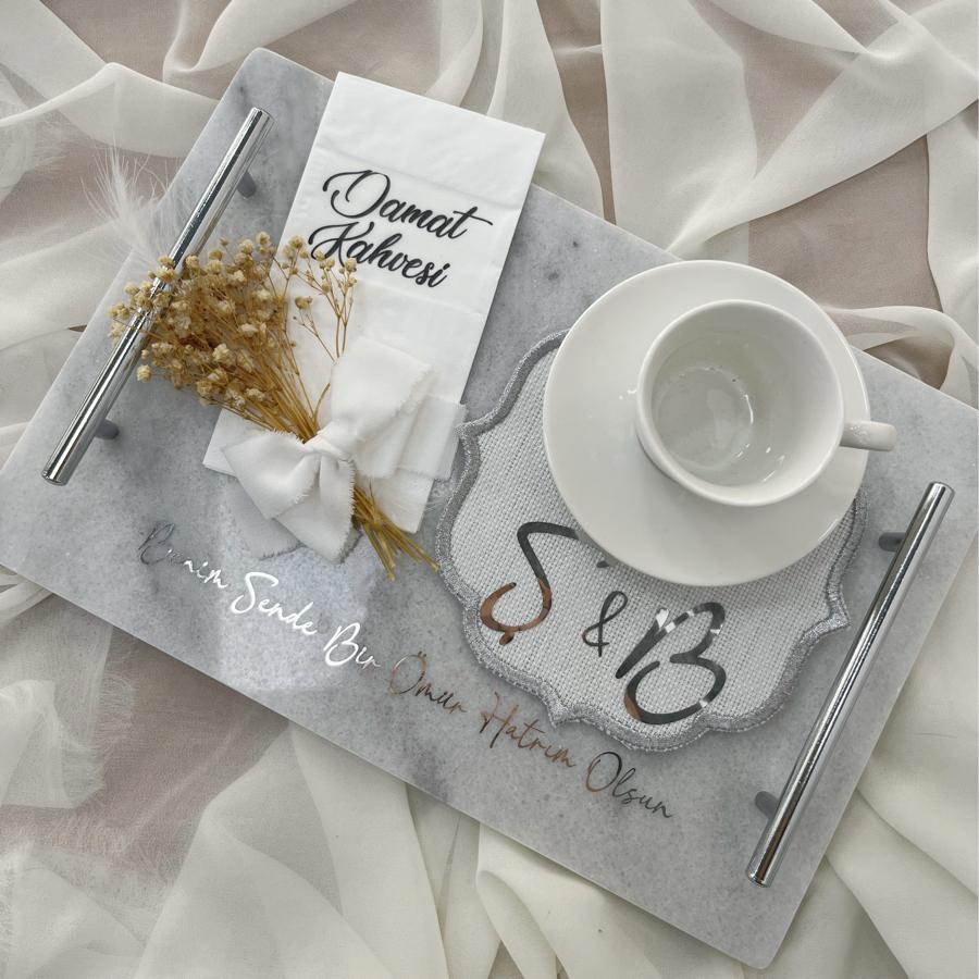 Silver Detaylı Dikdörtgen Mermer Tepsi (İsim Baskılı)