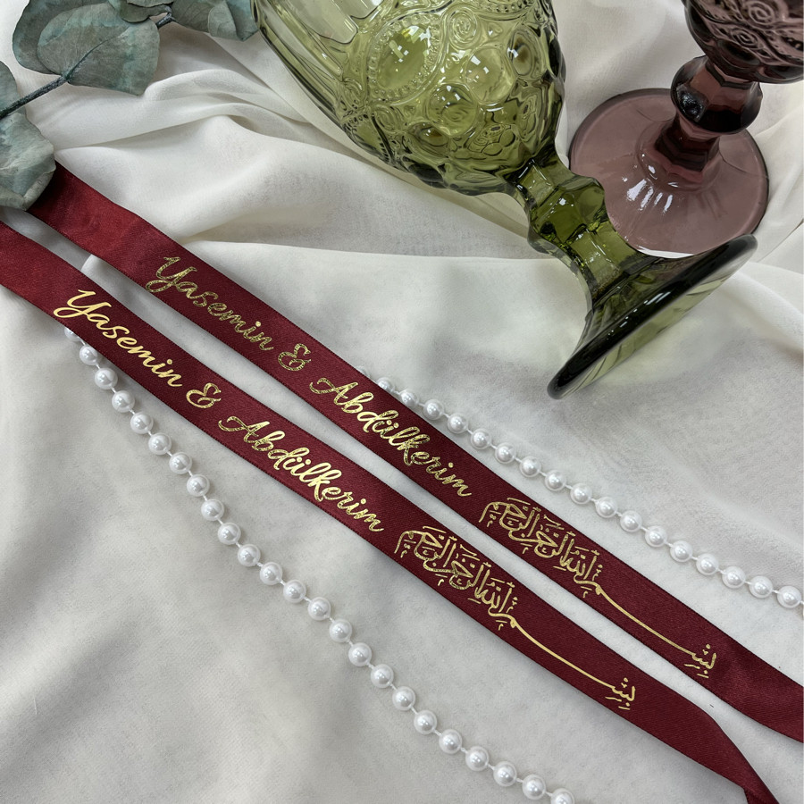 Besmele Detaylı Dökülmeyen incili Saten Yüzük Kurdelesi (En:2cm)