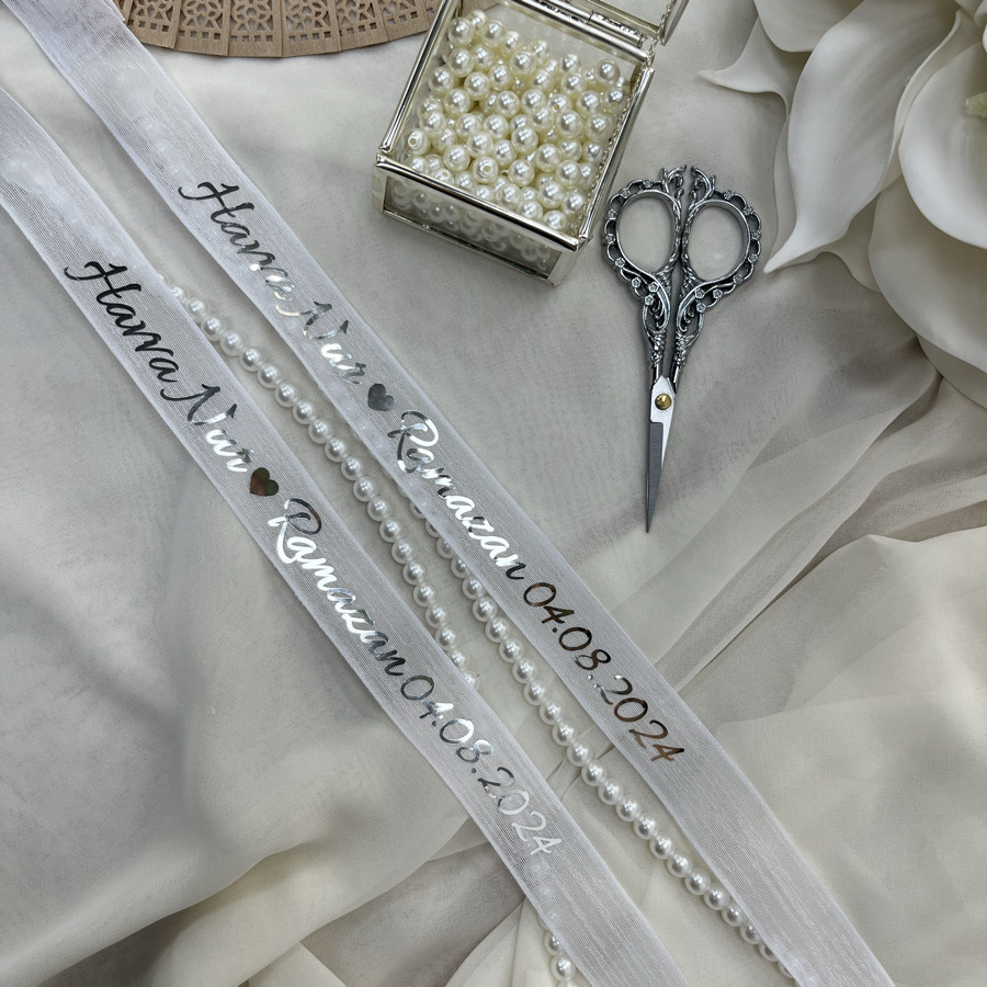 Dökülen İncili Keten Yüzük Kurdelesi (En:2cm)