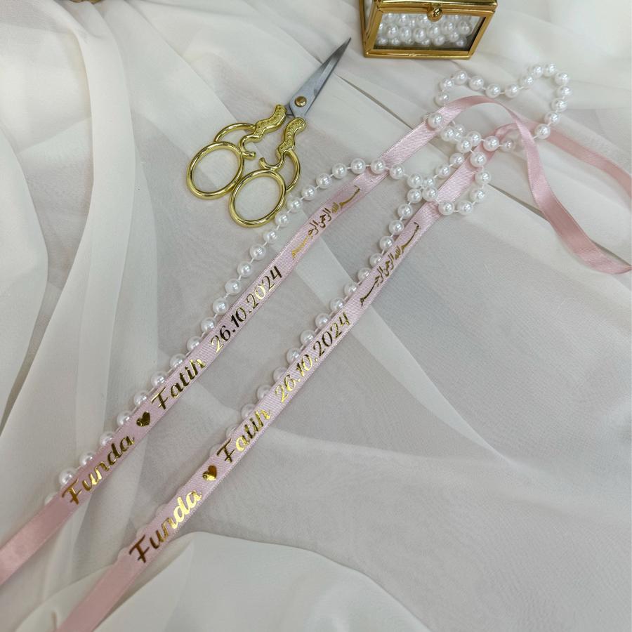 Besmele Detaylı Dökülmeyen İncili Saten Yüzük Kurdelesi (En:1cm) (Model:2)