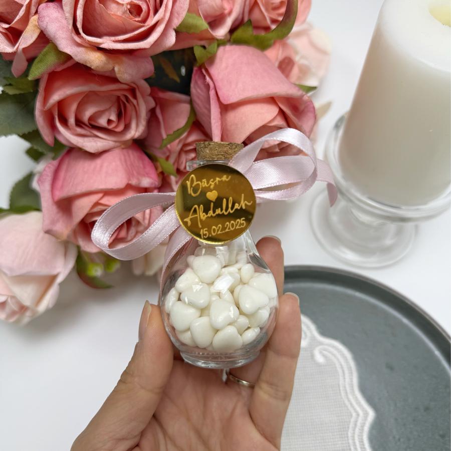 Cam Şişe Kalpli Nikah Şekeri (Pleksi İsimli)