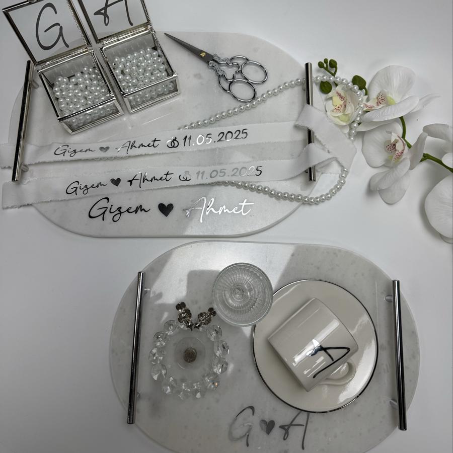 Oval Mermer tepsi seti (Gümüş)